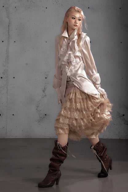 Ruffled Lace Patchwork Satin Blouse