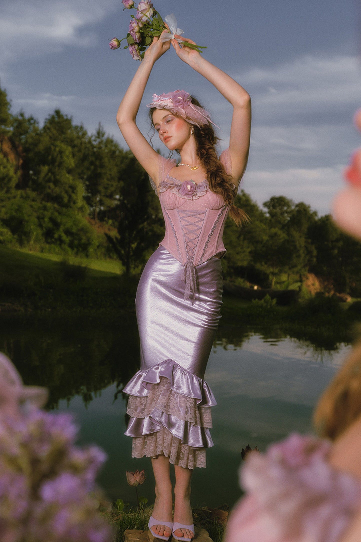 Purple Floral Fishbone Corset Camisole and Satin Skirt Set-Up