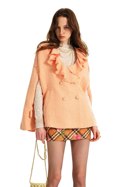 Vintage Peach Pink Woolen Ruffle Cape and Skirt Set-Up