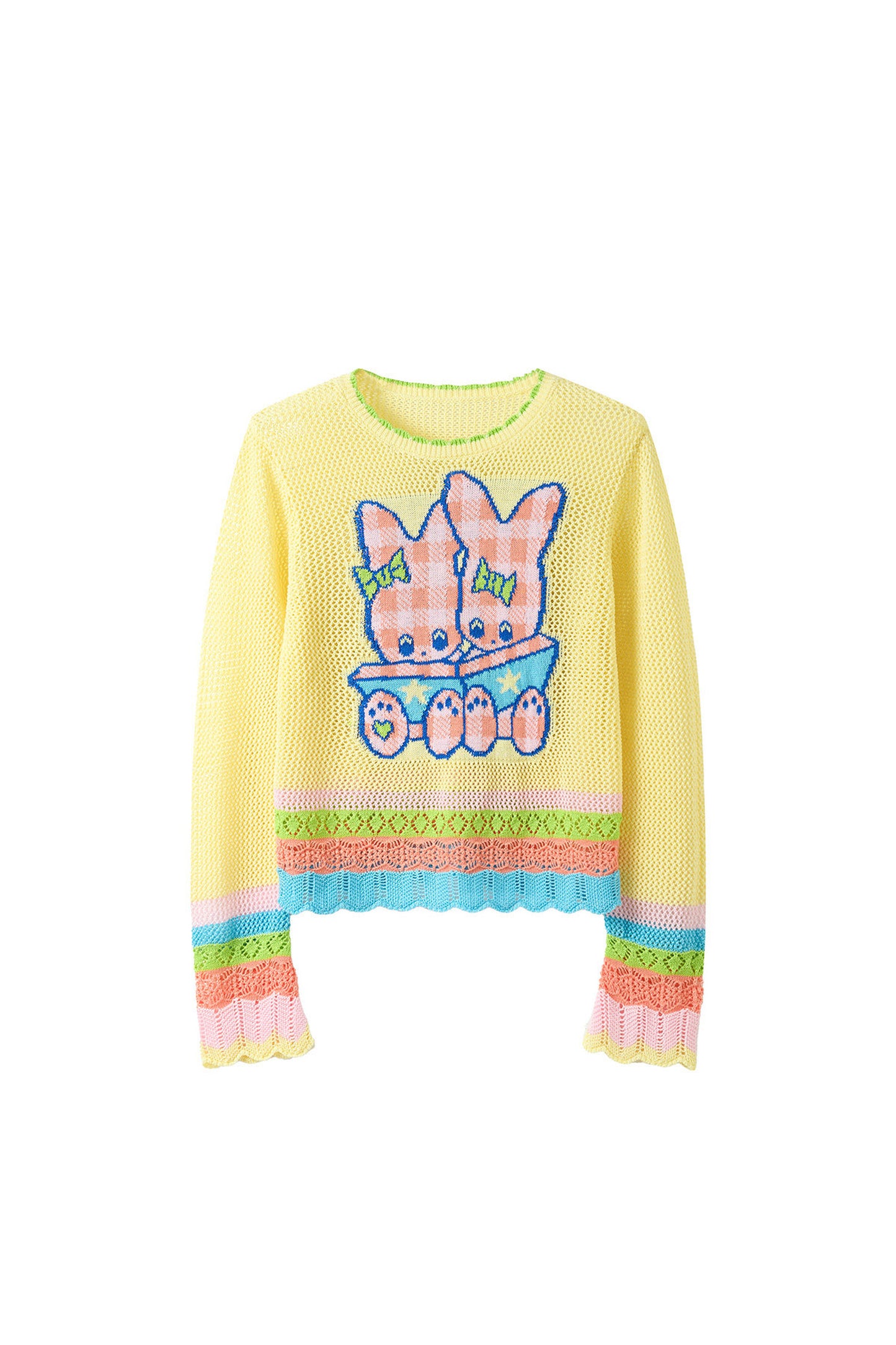 Gelber Netzstrickpullover mit Herz-Lochmuster