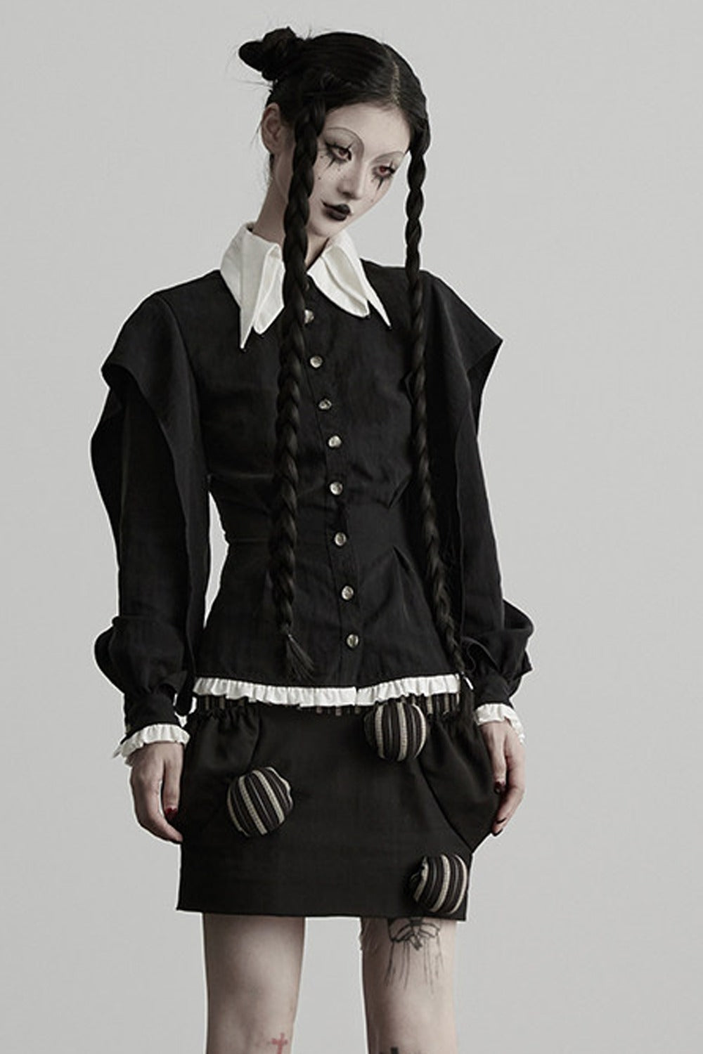 High-Waisted Straight Ball-Decorated Striped Patchwork Skirt