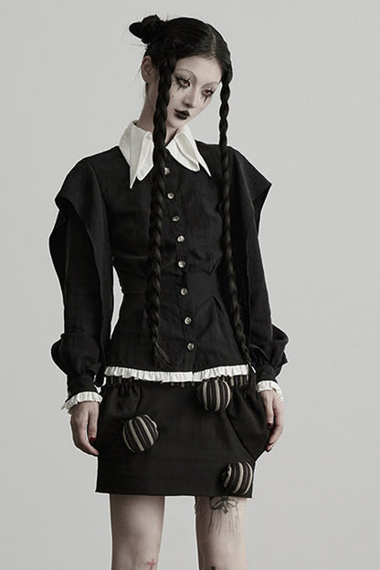 High-Waisted Straight Ball-Decorated Striped Patchwork Skirt