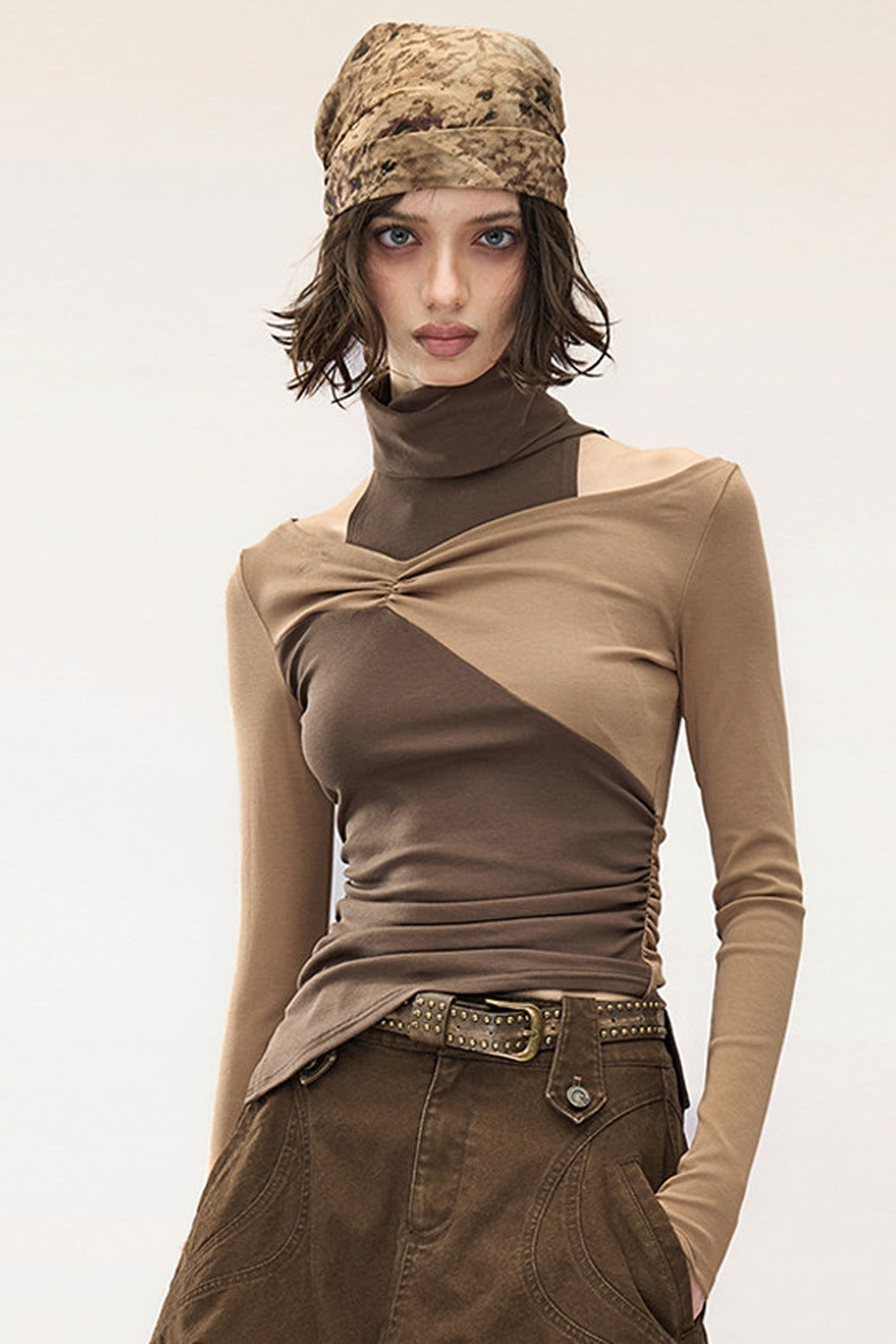 Layered Ruched Patchwork Off-Shoulder Long-Sleeve T-Shirt