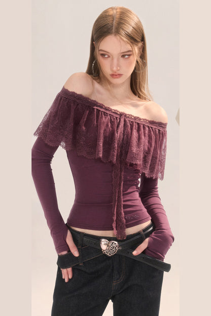 Two-Way Tencel Lace Patchwork Off-Shoulder T-Shirt