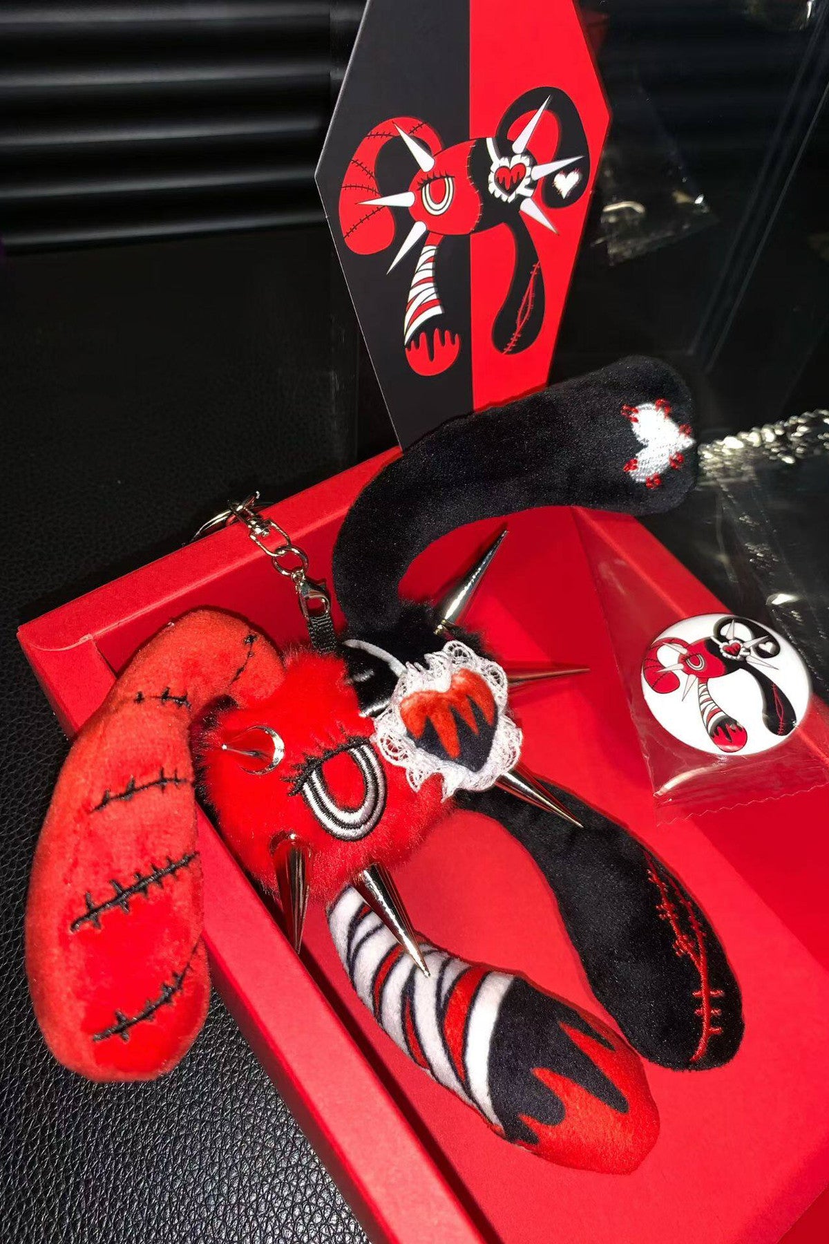 Red Black Studded Four-Eared Bunny Plush Charm