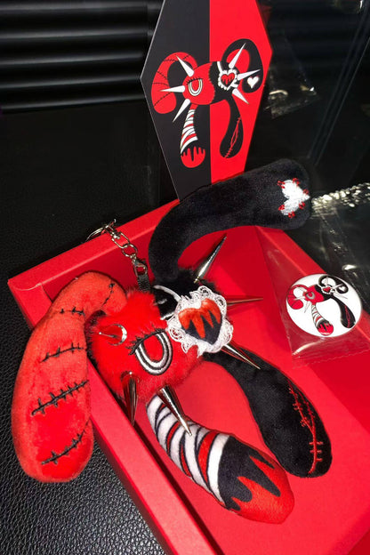Red Black Studded Four-Eared Bunny Plush Charm