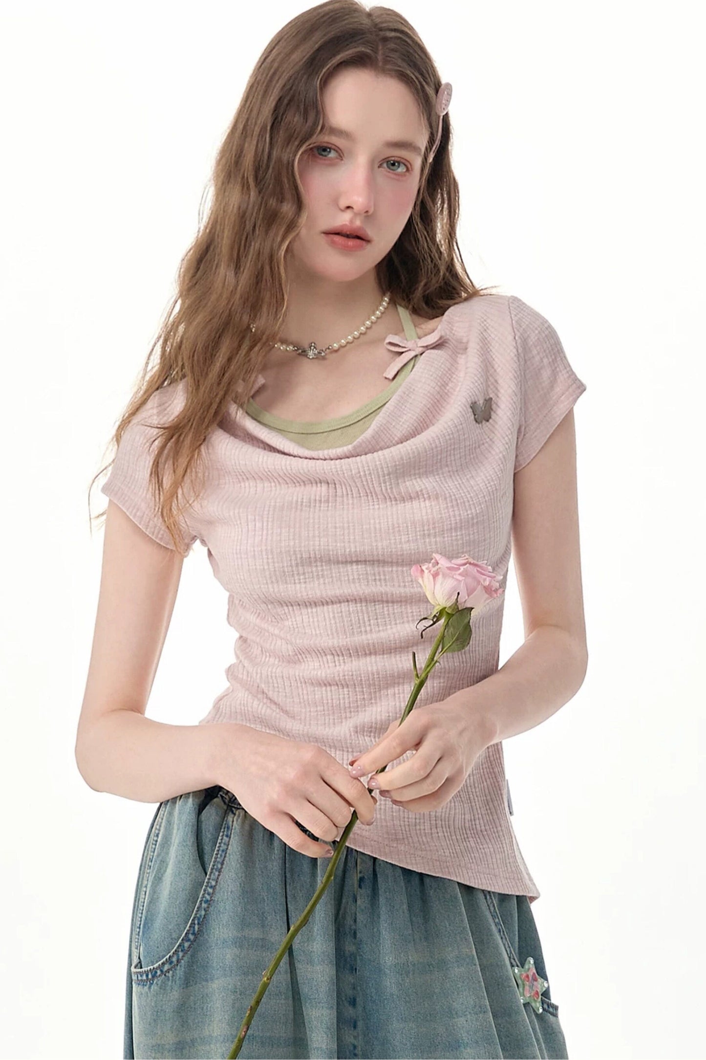 Pink Drape Neck Layered Short Sleeve Top
