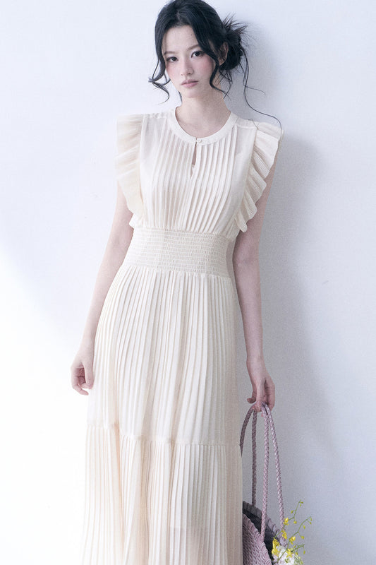 Beige Pleated Ruched Waist Dress