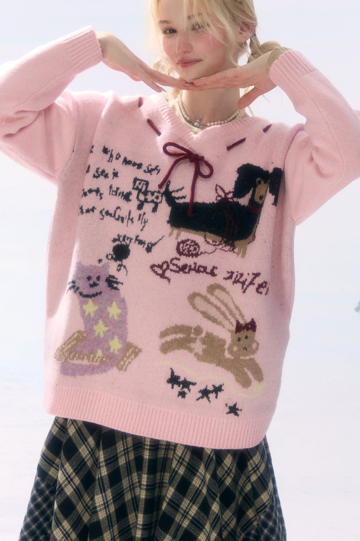 Pink Cartoon Print V-Neck Sweater