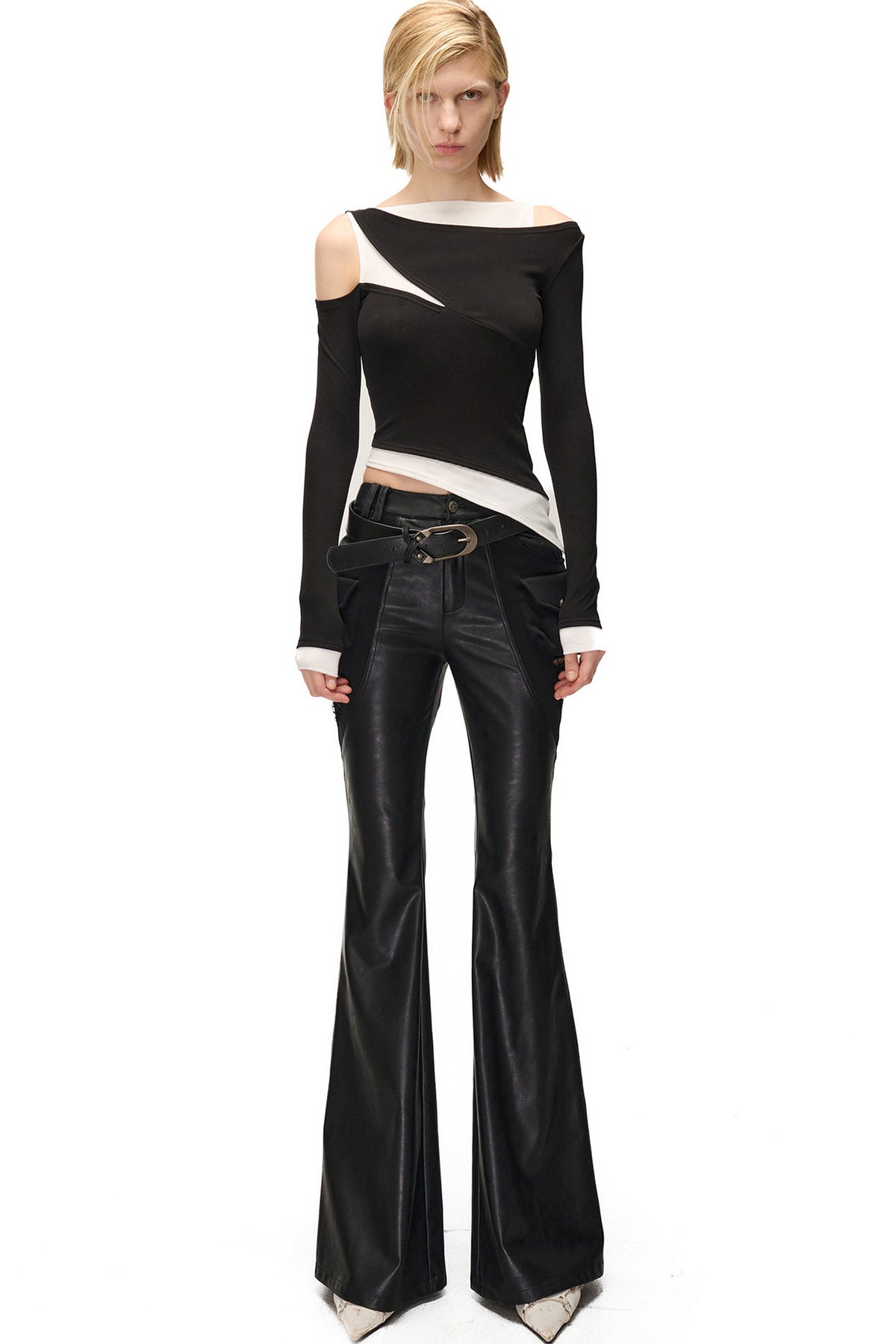 Layered-Look Patchwork Hollow Long-Sleeve T-shirt