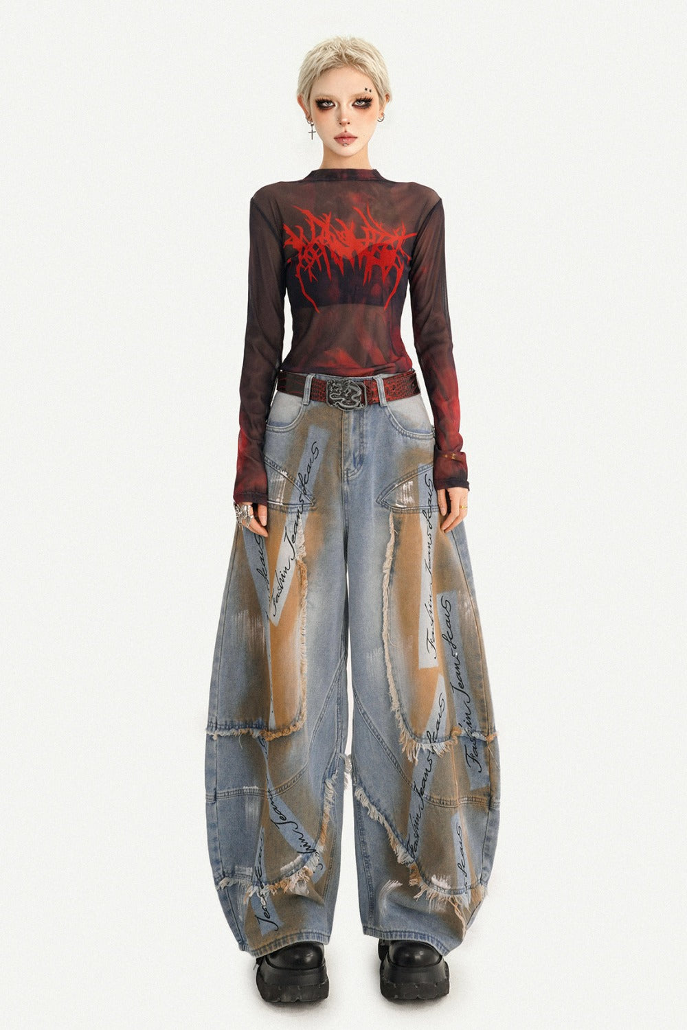 Red Graphic Mesh Long-Sleeved Top