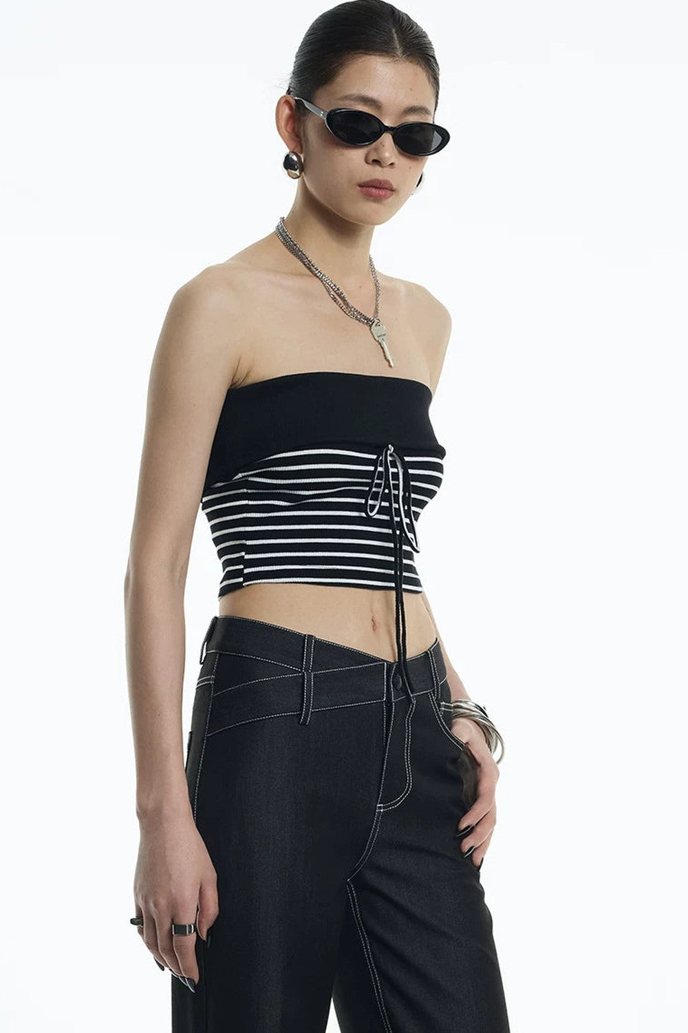 Black White Striped Ribbed Bandeau