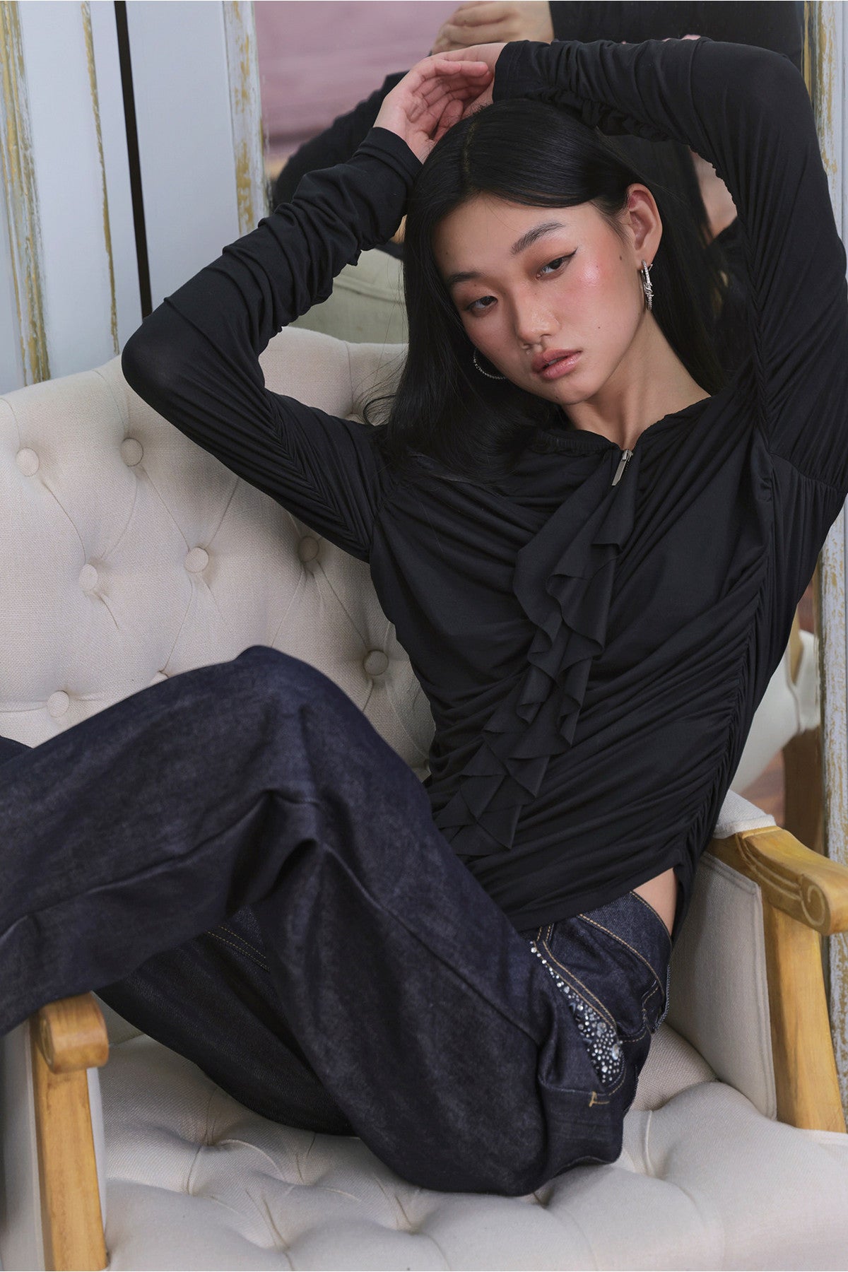 Short Ruffled Modal Hoodie