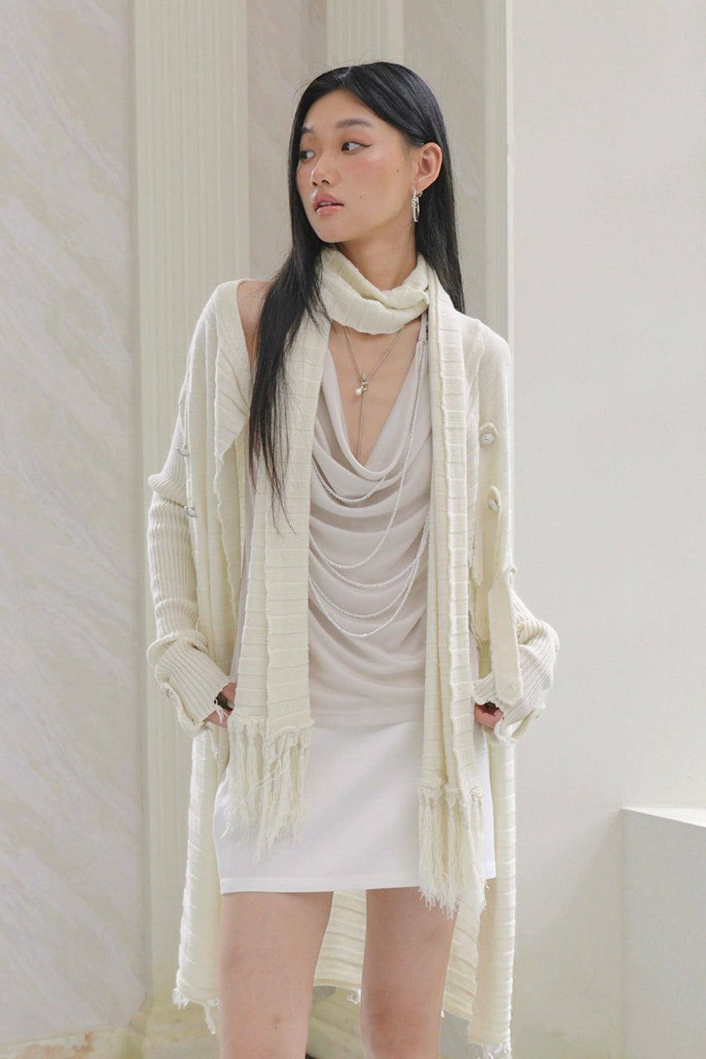 Asymmetrical Fringed Wool Knit Jacket Set-Up
