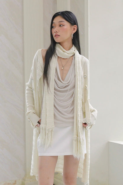 Asymmetrical Fringed Wool Knit Jacket Set-Up