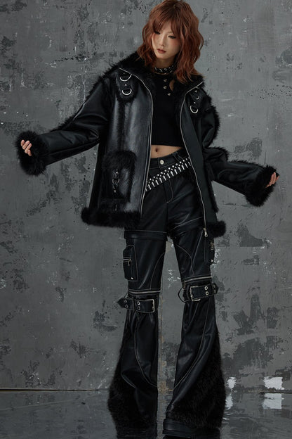 Dark Punk Metal Leather Fur Jacket