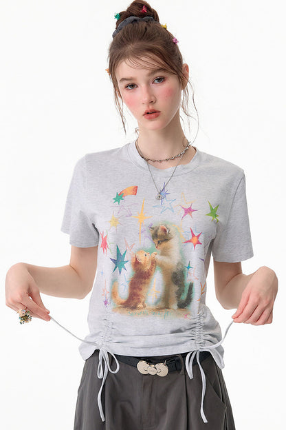 T-Shirt mit Katzenmotiv und Kordelzug