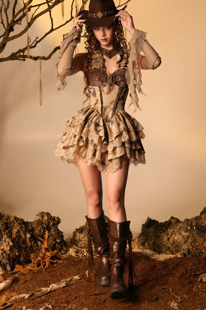 Distressed Burnt Lace Puffy Halter Dress