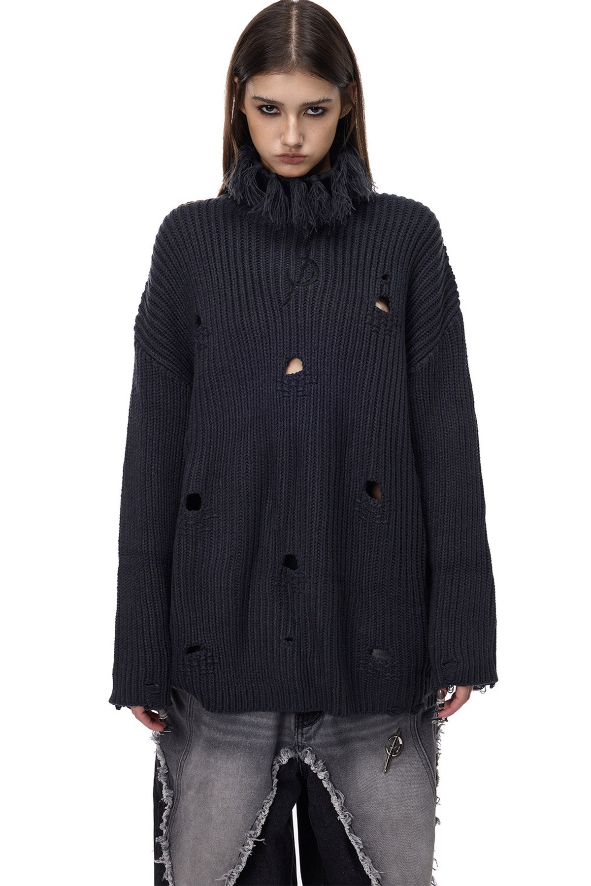 Tassel Turtleneck Ripped Oversized Sweater