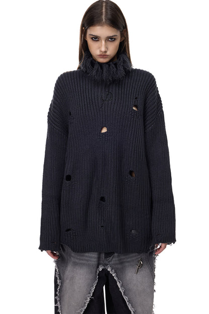 Tassel Turtleneck Ripped Oversized Sweater