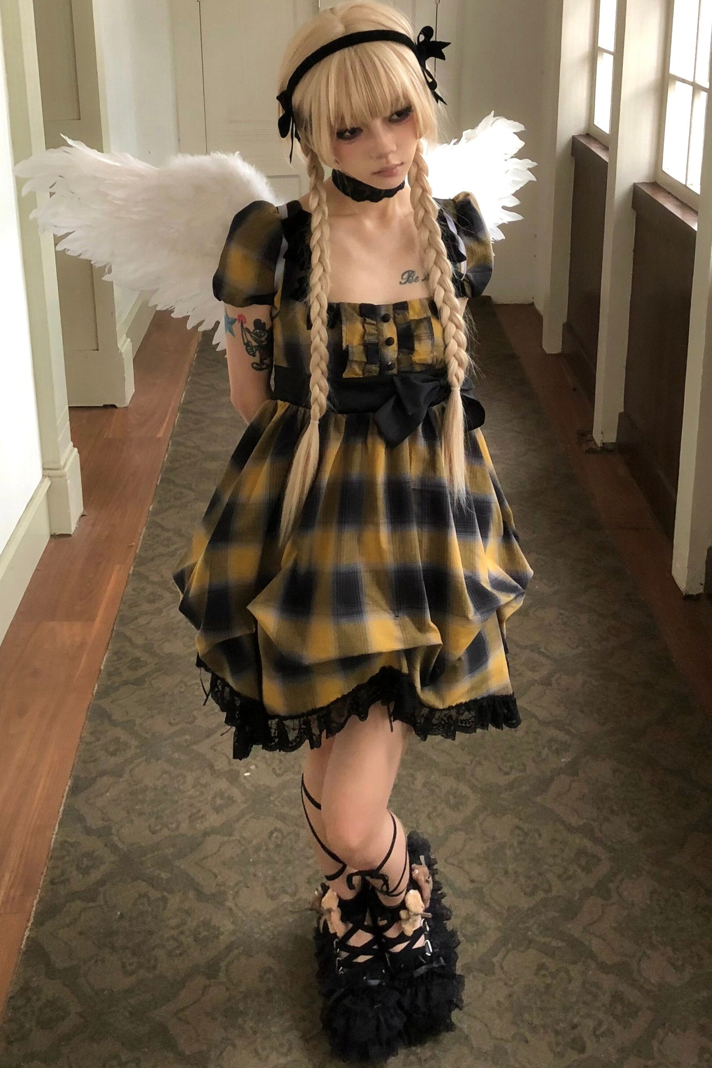 Yellow Plaid Puff Sleeve Dress Set-Up