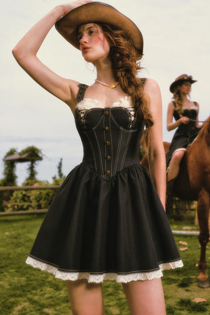 Dark Blue Denim Fishbone Strap Dress
