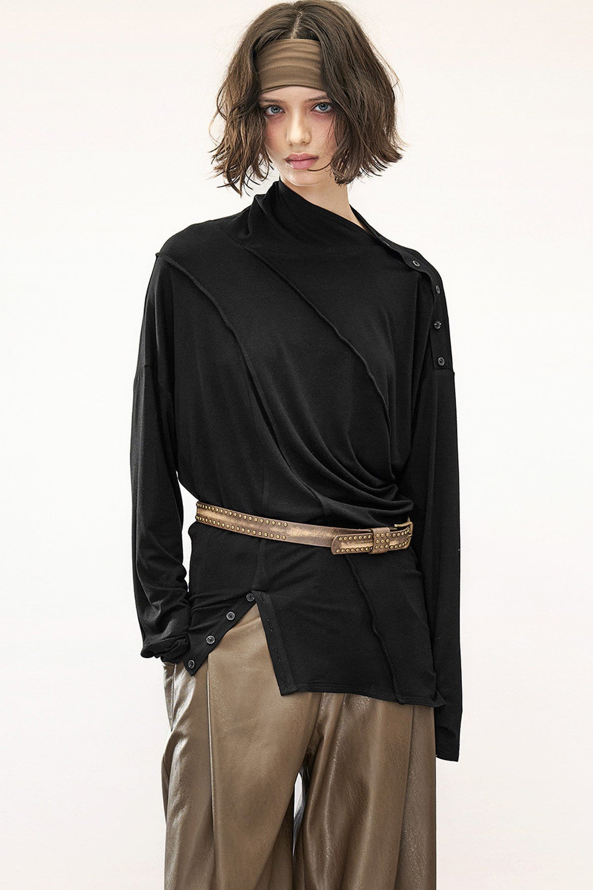 Lyocell Multi-Wear Ruffled Off-Shoulder Irregular Long-Sleeve T-Shirt