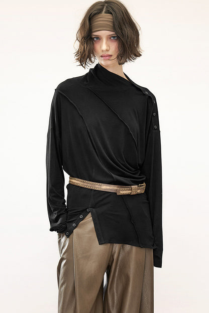 Lyocell Multi-Wear Ruffled Off-Shoulder Irregular Long-Sleeve T-Shirt