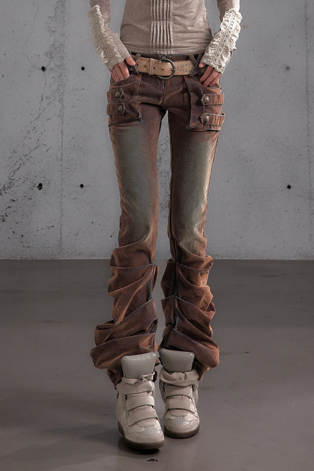 Punk Flocked Ruched Low-Waist Curved Leg Jeans
