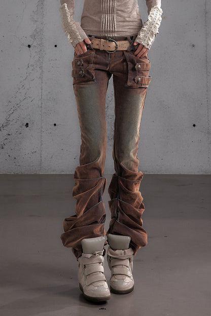 Punk Flocked Ruched Low-Waist Curved Leg Jeans