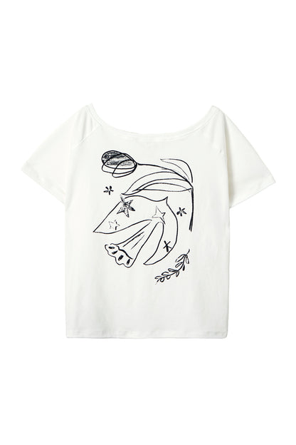 Bird And Tulip Print One-Shoulder Tencel T-Shirt