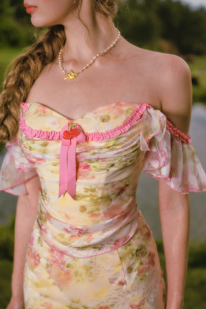 Floral Off-Shoulder Fishbone Corset Top and Skirt Set-Up