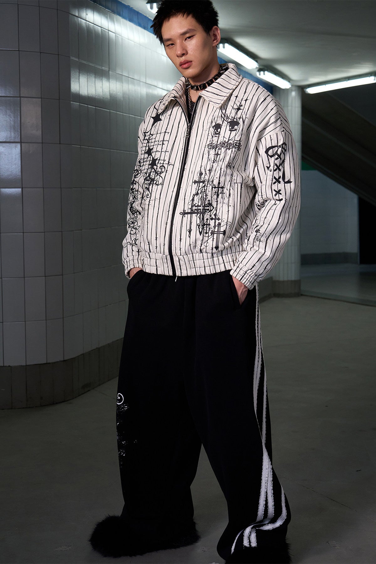 Detachable Fur Collar Thorn Stripe Jacket
