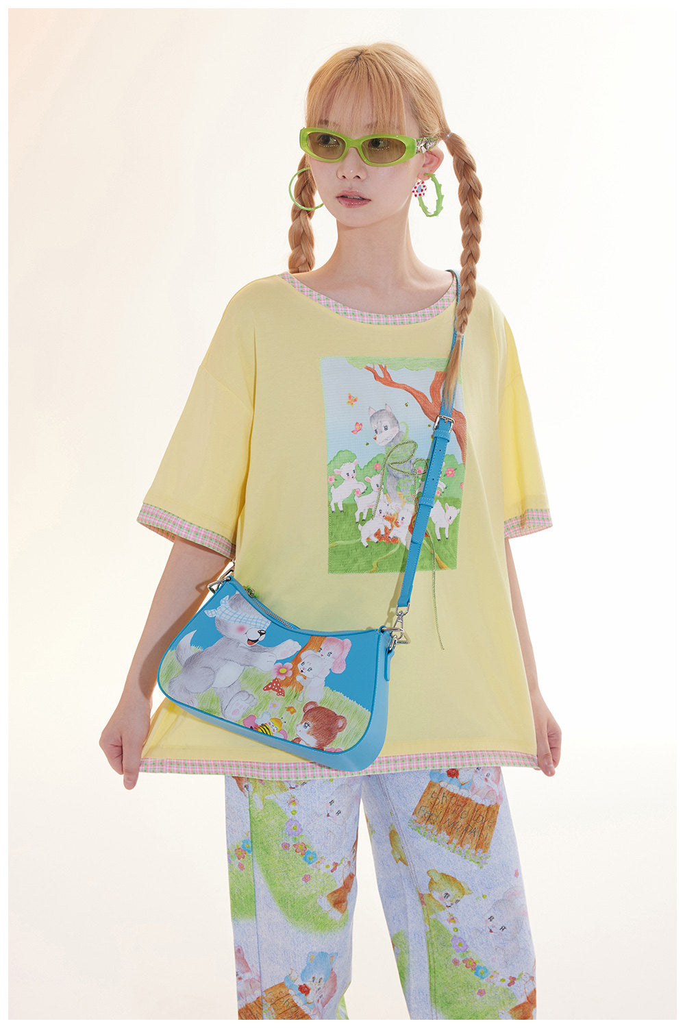 Blue Animal Illustration Flower Crossbody Bag