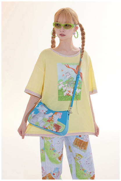 Blue Animal Illustration Flower Crossbody Bag