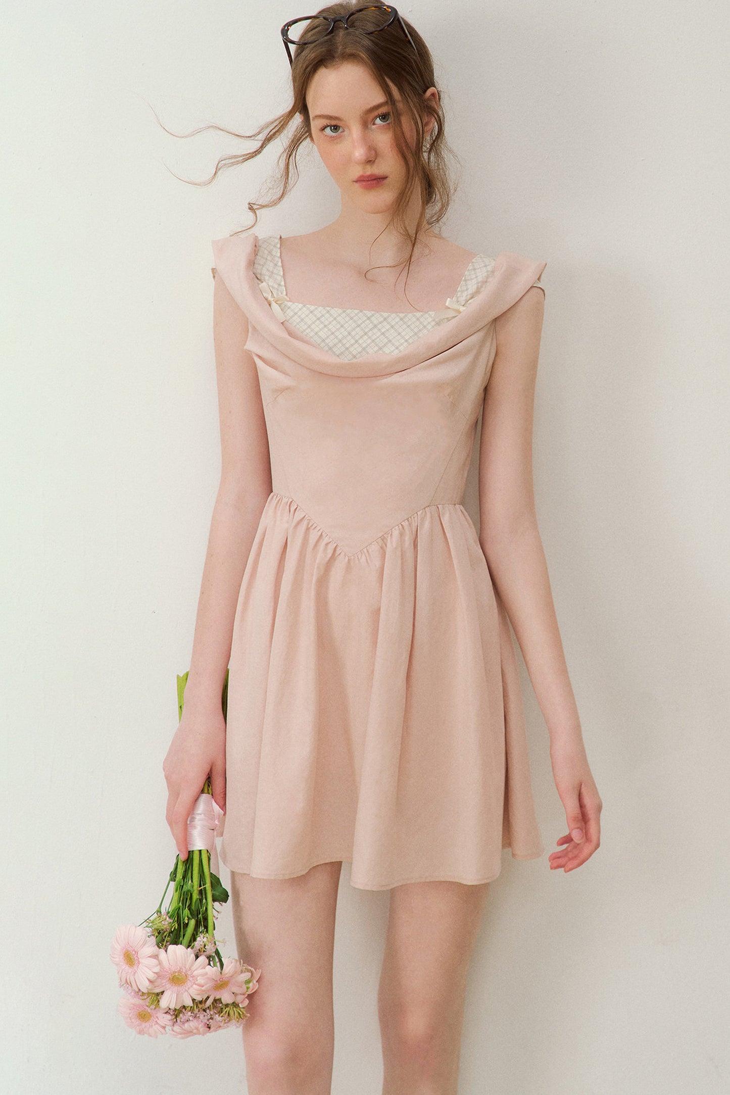 Robe évasée à col en lyocell à carreaux