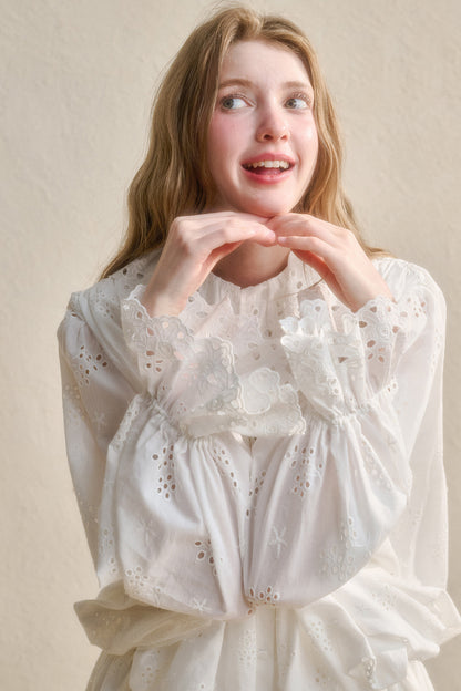 Long-Sleeved Cotton Embroidered Shirt Dress