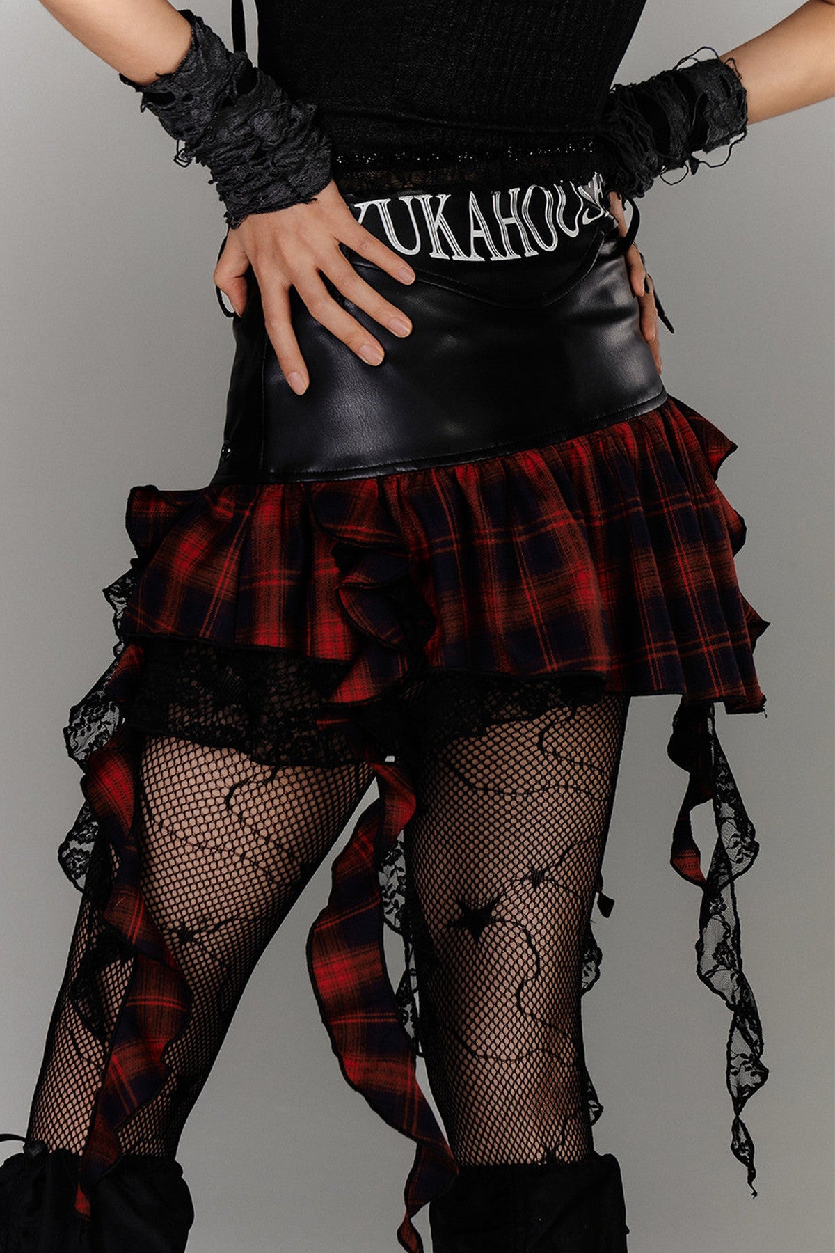 Irregular Hem Ruffle Patchwork Plaid Skirt