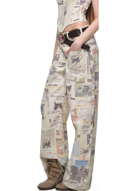 Cat Newspaper Print Scimitar Pants