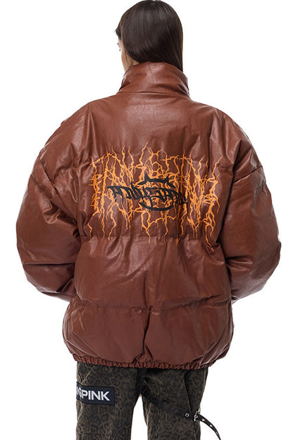 Logo PU Leather Motorcycle Puffer Jacket