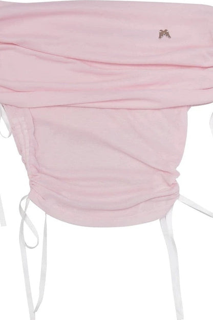Top con spalle scoperte, volant e fiocco