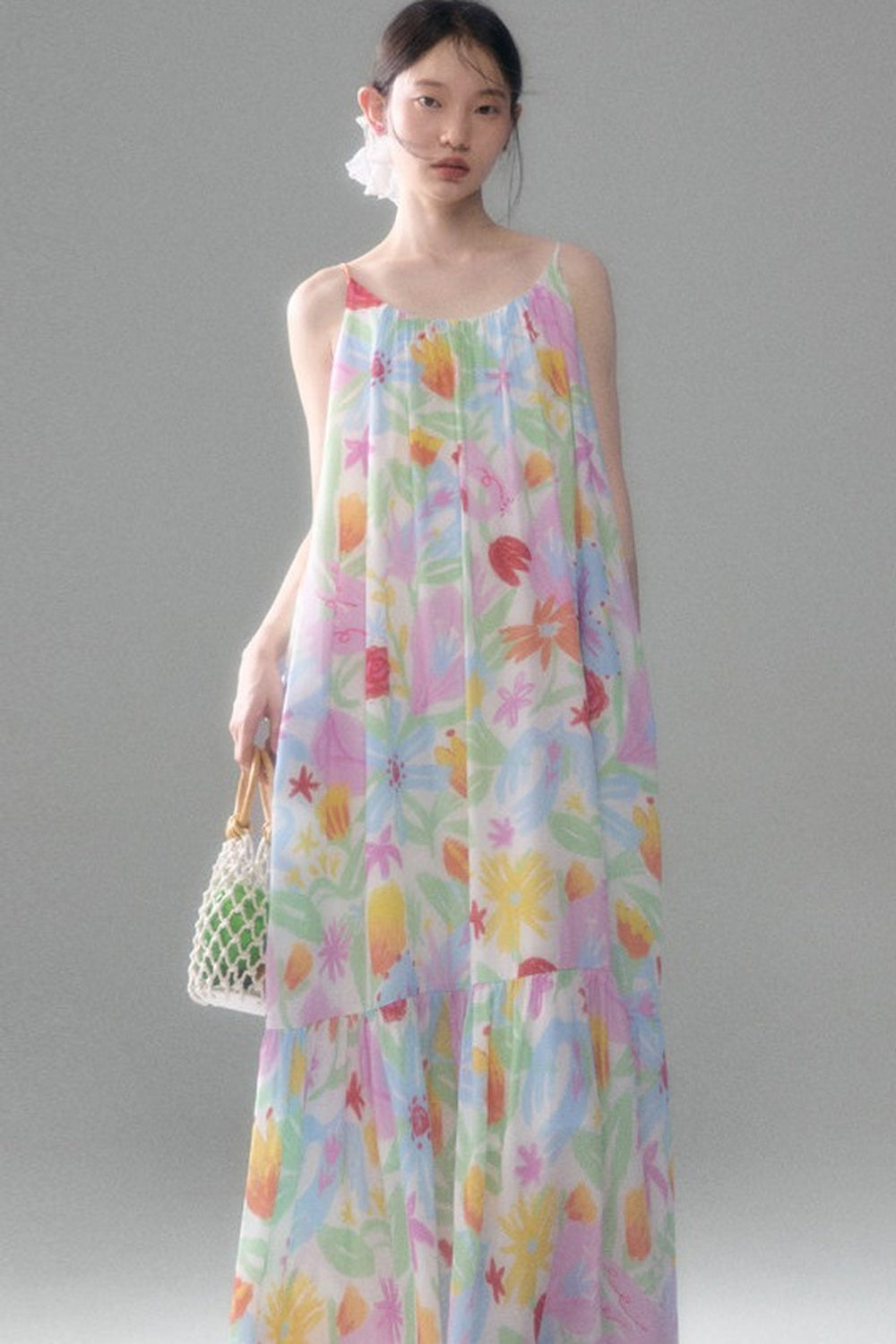Hand-Painted Watercolor Flower Print Strap Dress