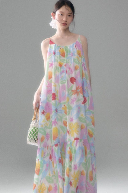 Hand-Painted Watercolor Flower Print Strap Dress