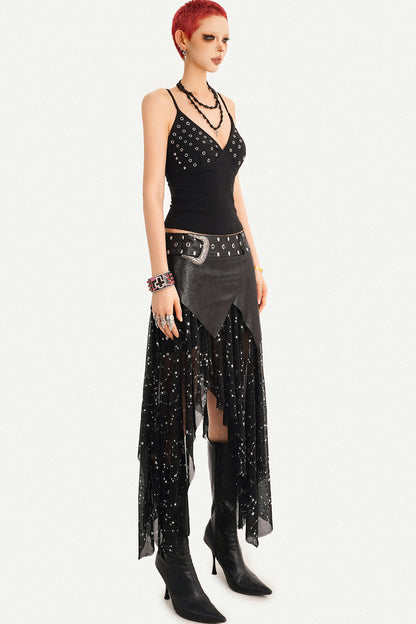 Black Deep V-Neck Metal Grommet Camisole