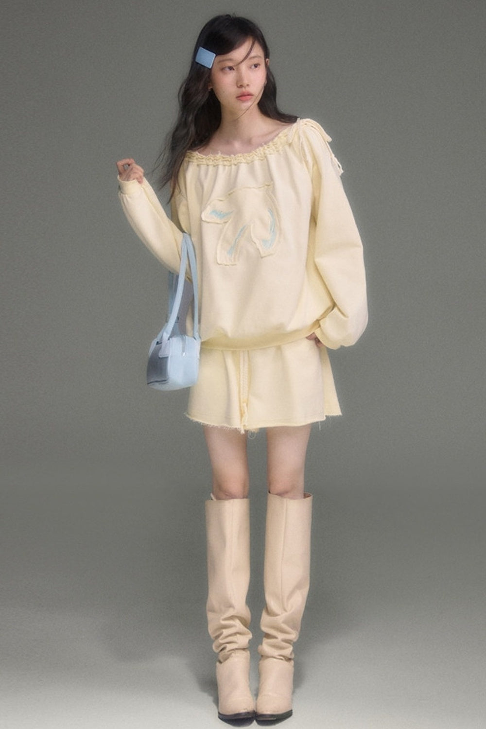 Bird And Tulip Raw Edge Patchwork Sweatshirt And Shorts Set