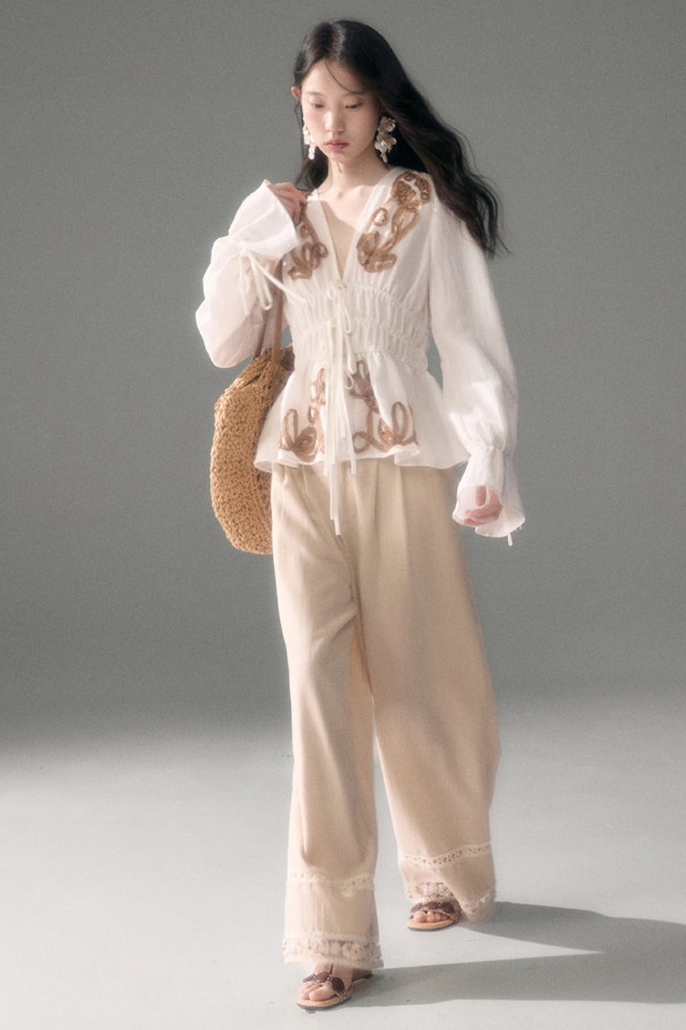3D Tulip Floral Tencel Linen Blouse