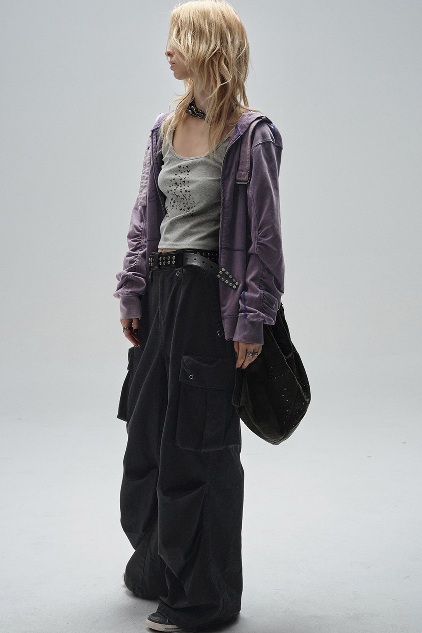 Sand-Washed Topstitched Ruched Hooded Strap Cardigan