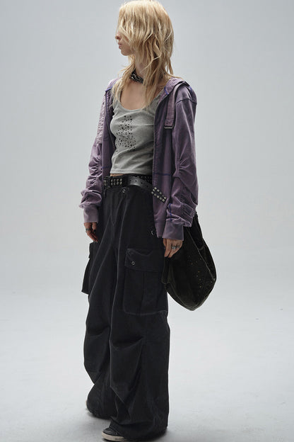 Sand-Washed Topstitched Ruched Hooded Strap Cardigan