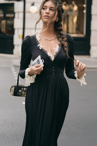 Black Mandala Lace V-Neck Long Sleeve Dress