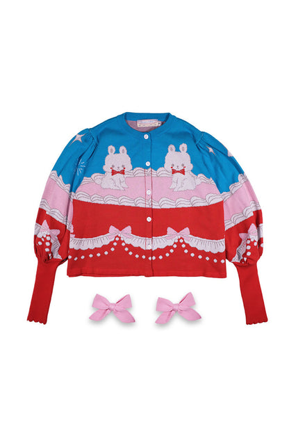 Cardigan a maglia con fiocco e coniglio